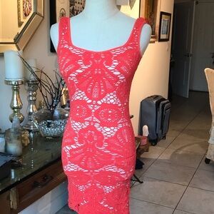 Vibrant Coral Lace Midi Dress